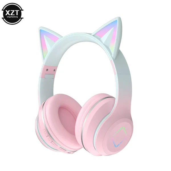 new headset bluetooth 5.1 wireless gamer cute cat ear headphones with mic rgb led light for kids pc gamer laptop earphones gifts