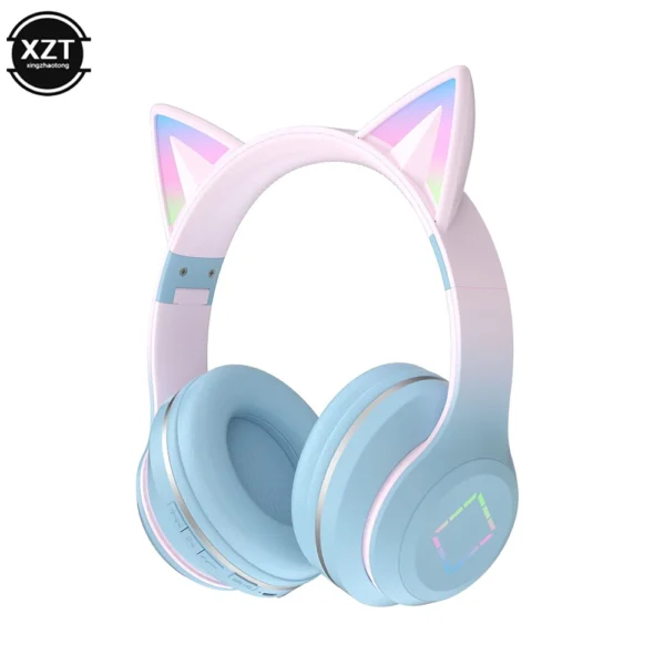 new headset bluetooth 5.1 wireless gamer cute cat ear headphones with mic rgb led light for kids pc gamer laptop earphones gifts