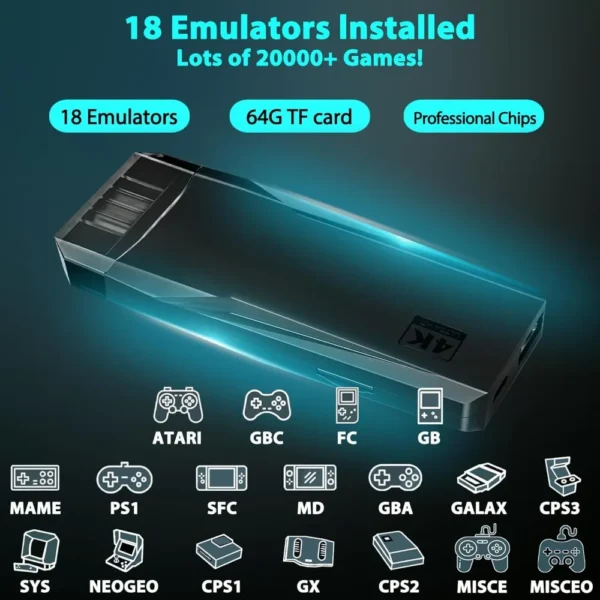Kabellose Retro Spielkonsole Stick - 20.000+ Klassiker, 4K HDMI, 18 Emulatoren, Plug & Play
